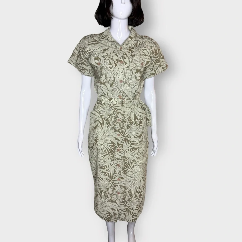 Vintage Late 1970s Early 80s Green Tropical Print Cotton Midi Dress - Picture 2 of 8